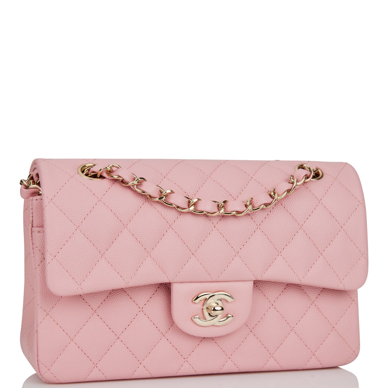 Chanel Pink Quilted Caviar Small Classic Double Flap Bag Light Gold ...