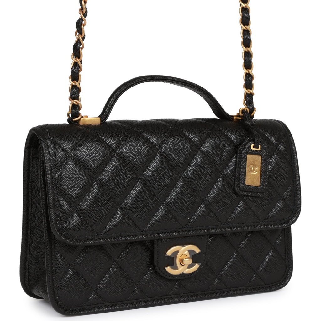 Chanel School Memory Top Handle Flap Bag Quilted Caviar Small