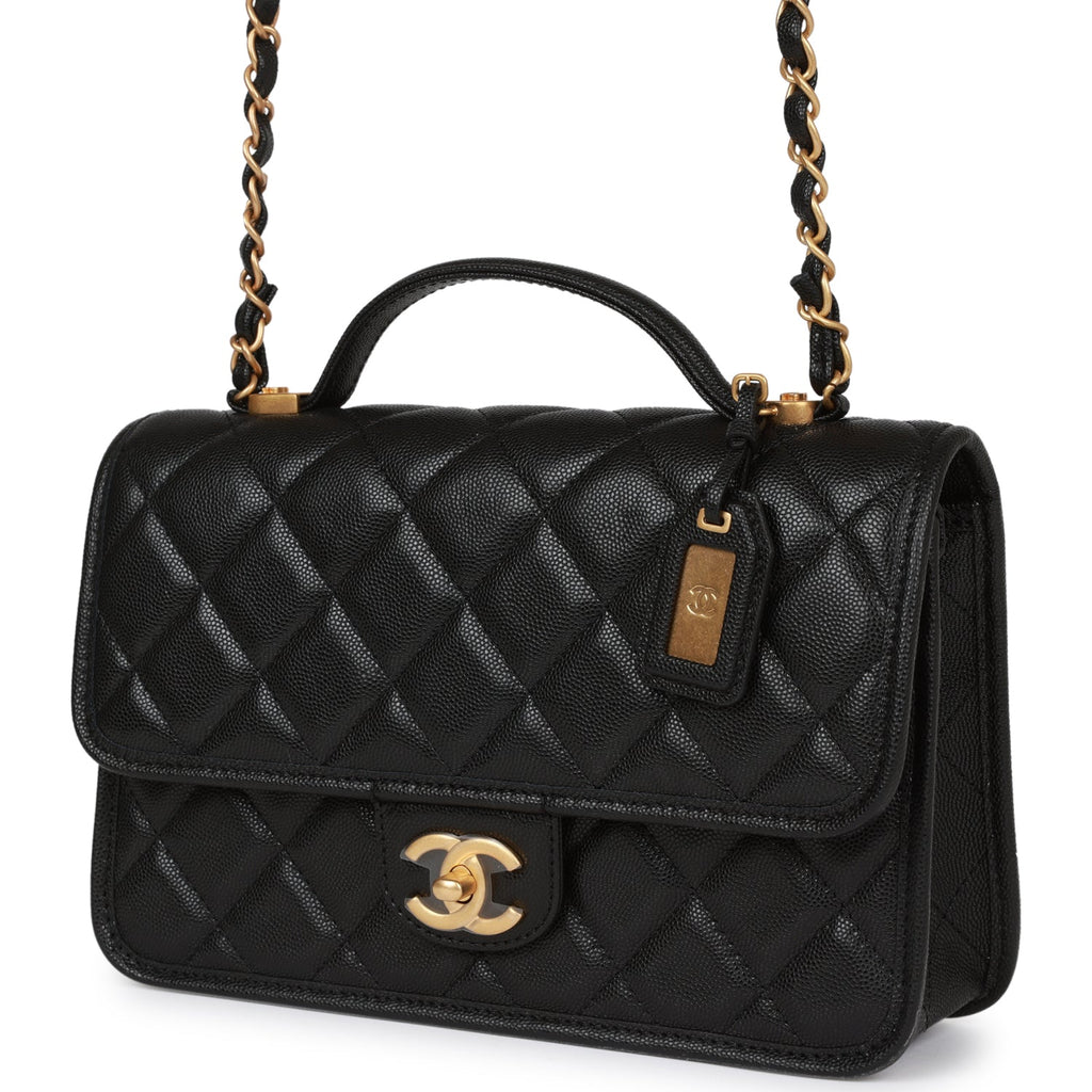 Chanel School Memory Top Handle Flap Bag Black Caviar Antique Gold Hardware