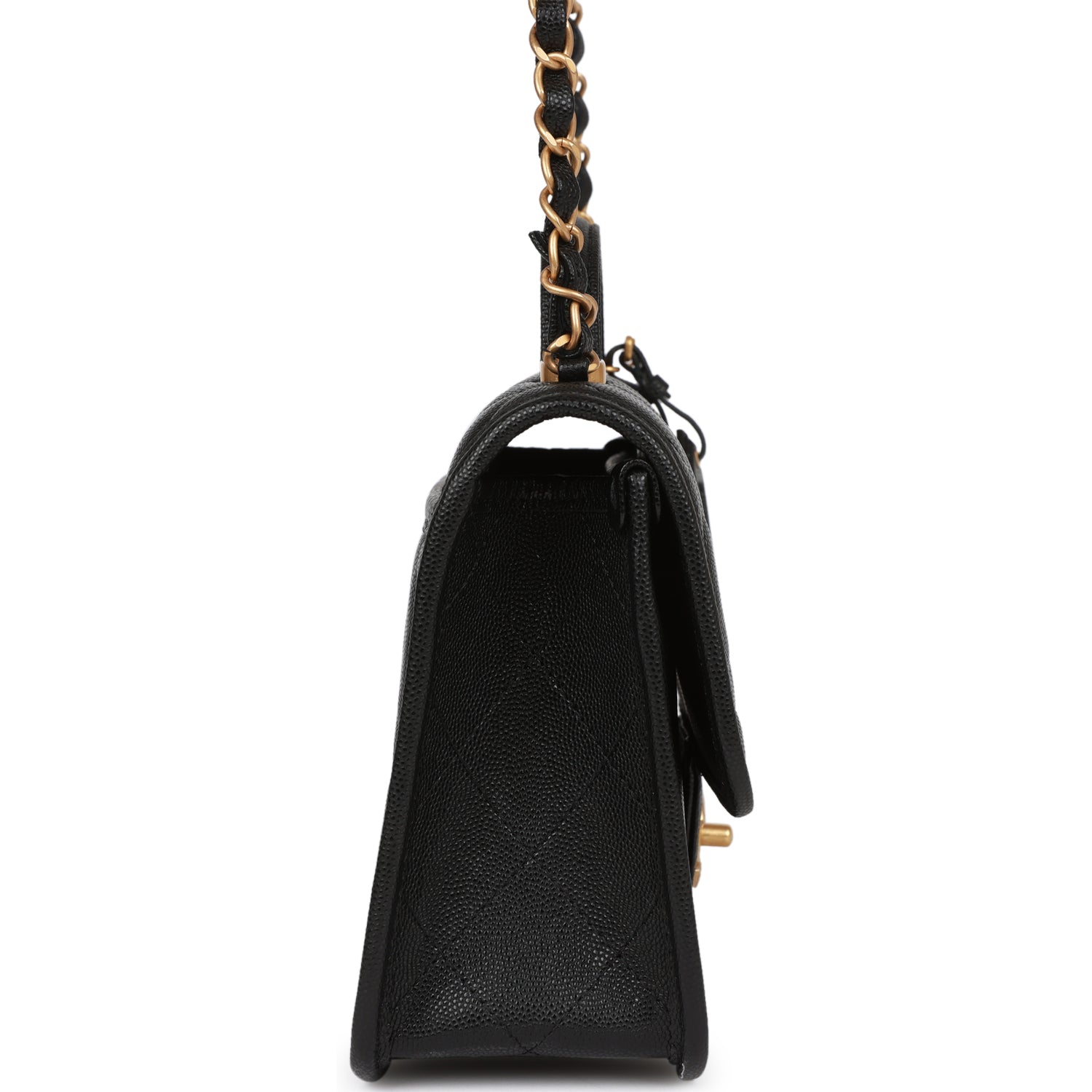 Chanel school memory top handle flap bag black caviar antique gold har