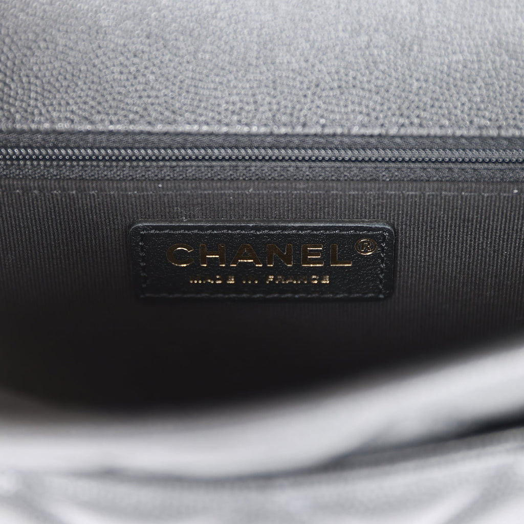Chanel School Memory Top Handle Flap Bag Black Caviar Antique Gold Hardware