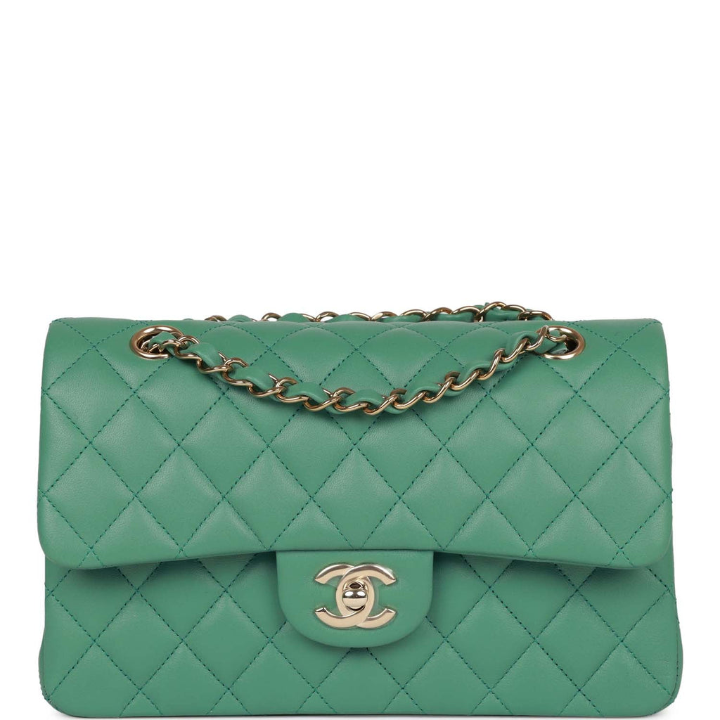 Chanel Green Lambskin Small Classic Double Flap Light Gold