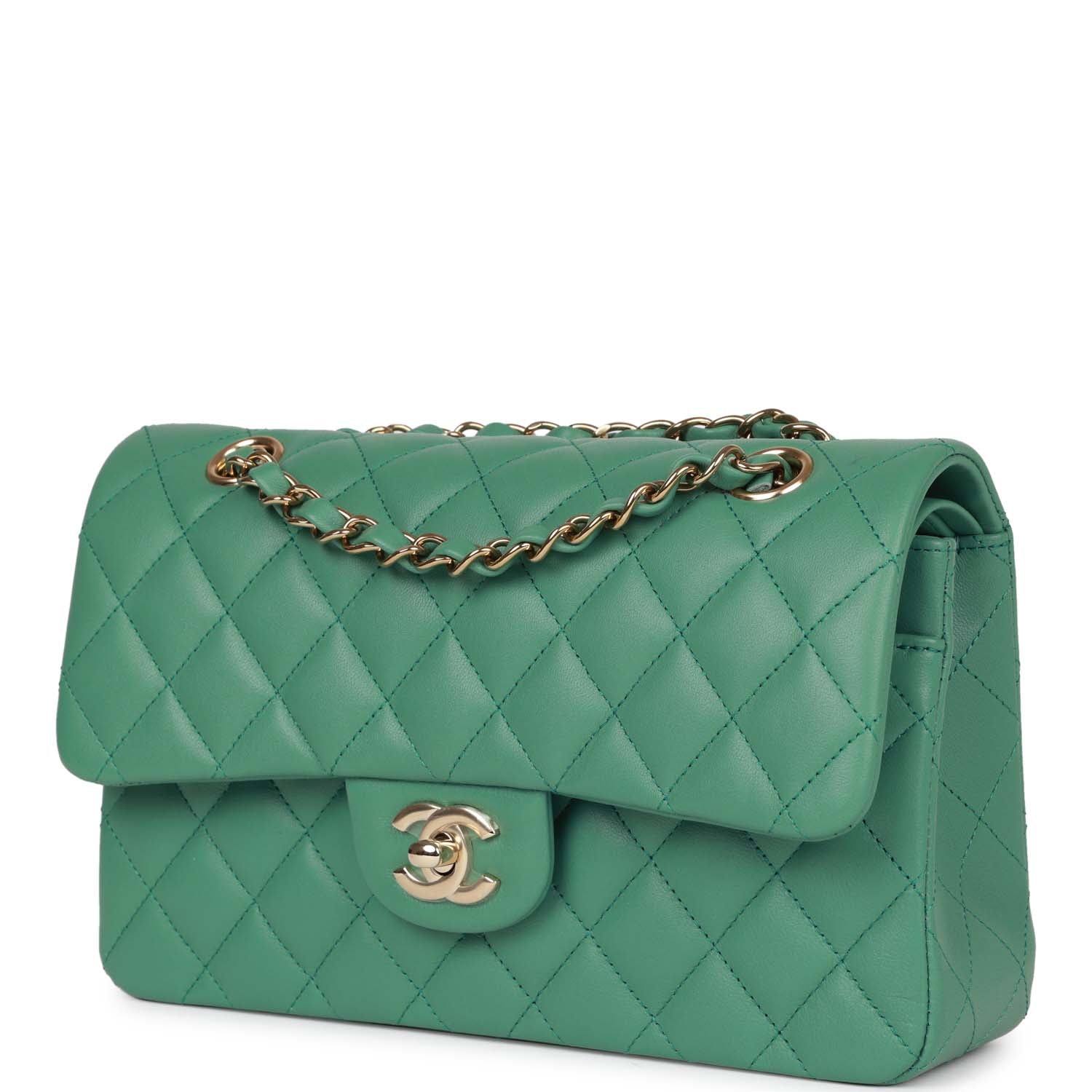 Chanel Green Lambskin Small Classic Double Flap Light Gold Hardware