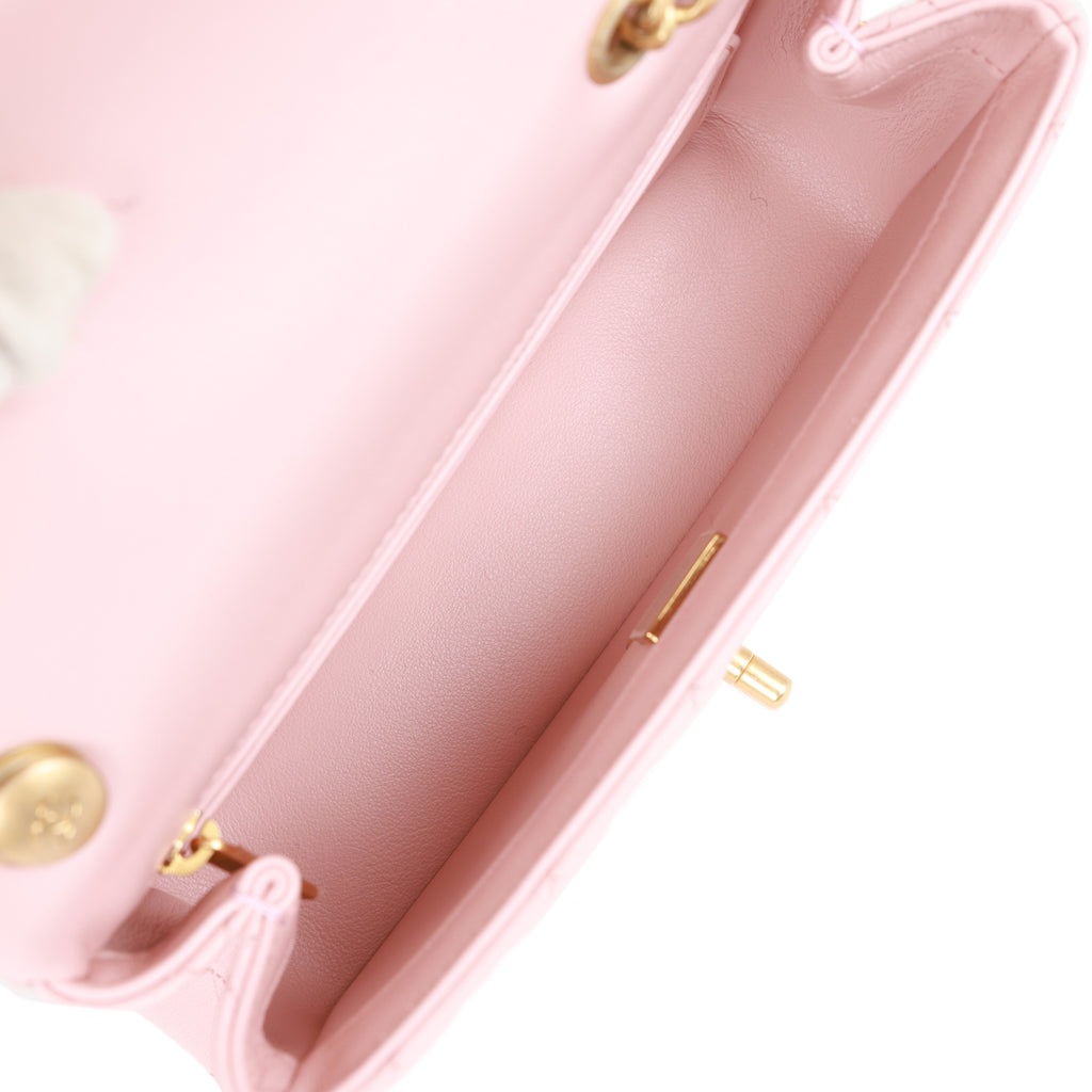 Chanel Camellia Crush Mini Rectangular Flap Rose Clair Lambskin Antique Gold Hardware
