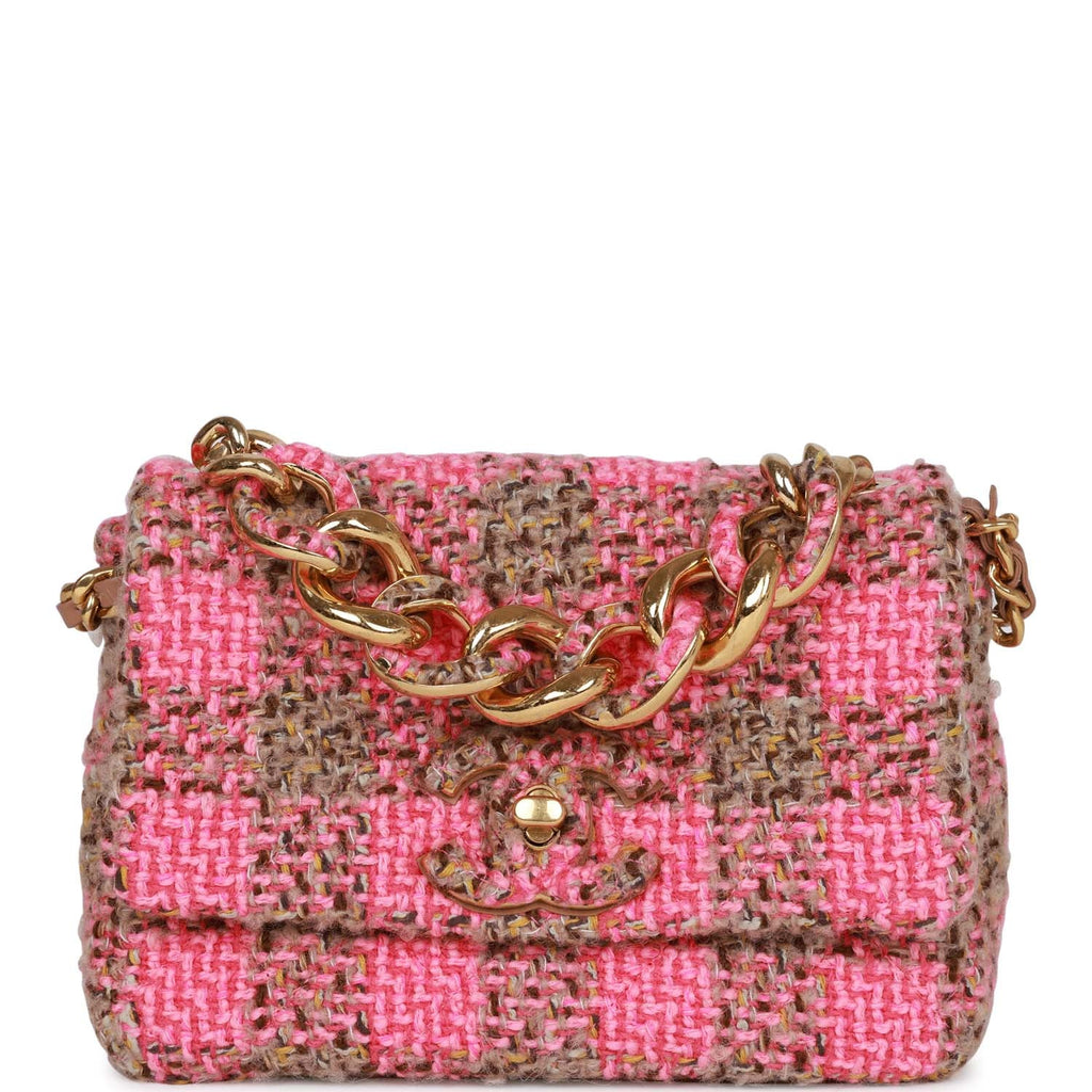 Chanel Small Elegant Chain Flap Bag Pink and Beige Tweed Gold Hardware