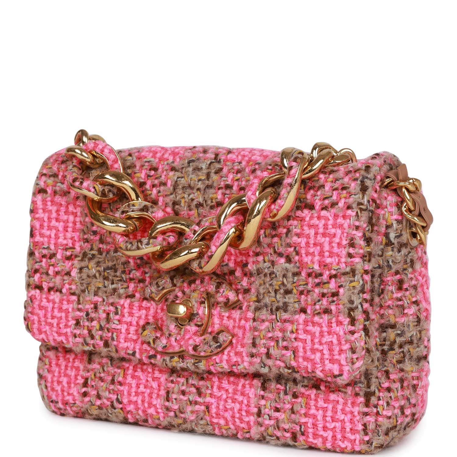 CHANEL 25S BOW BAG 38 IN PINK TWEED WITH GOLD HARDWARE