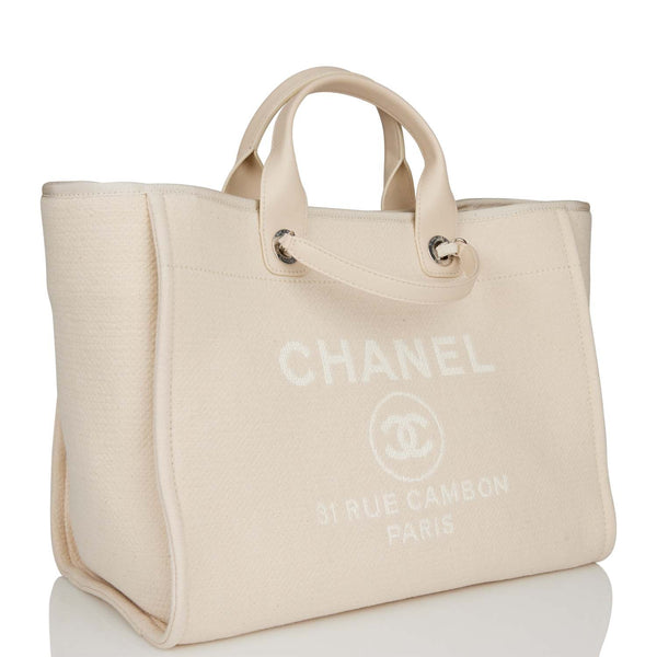 Chanel Large Deauville Shopping Bag White Boucle Silver