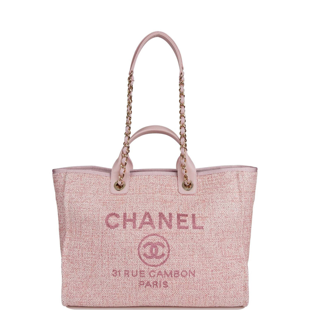 Chanel Large Deauville Tote Pink Tweed Gold Tone Hardware