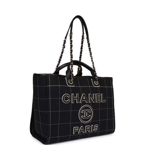 Chanel Large Deauville Shopping Bag Black and White Grid Light Gold Hardware