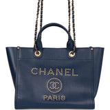 Pre-owned Chanel Small Deauville Shopping Bag Blue Caviar Antique Gold Hardware