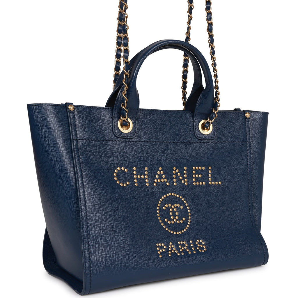 Pre-owned Chanel Small Deauville Shopping Bag Blue Caviar Antique Gold  Hardware