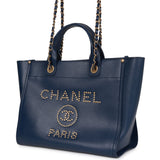 Pre-owned Chanel Small Deauville Shopping Bag Blue Caviar Antique Gold Hardware