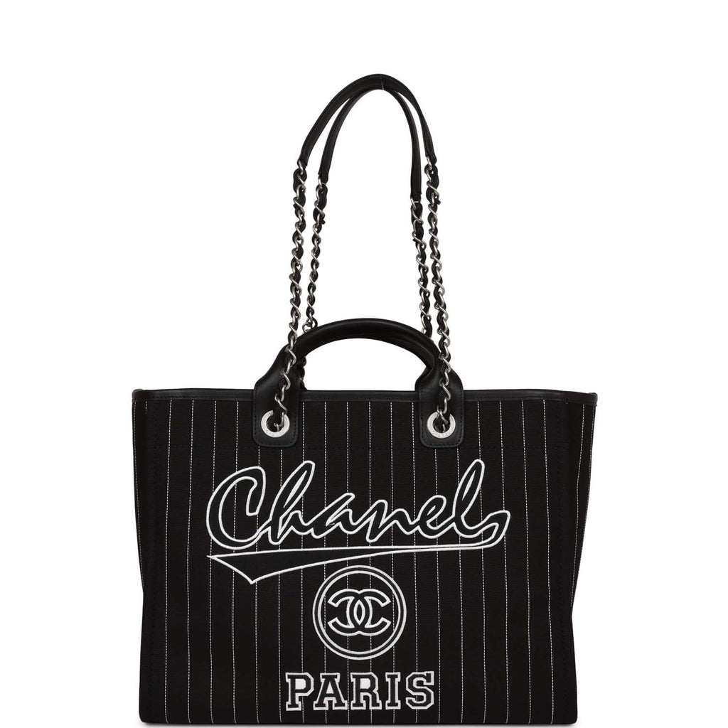 Chanel Large Deauville Shopping Bag Black and White Pinstripe Ruthenium  Hardware
