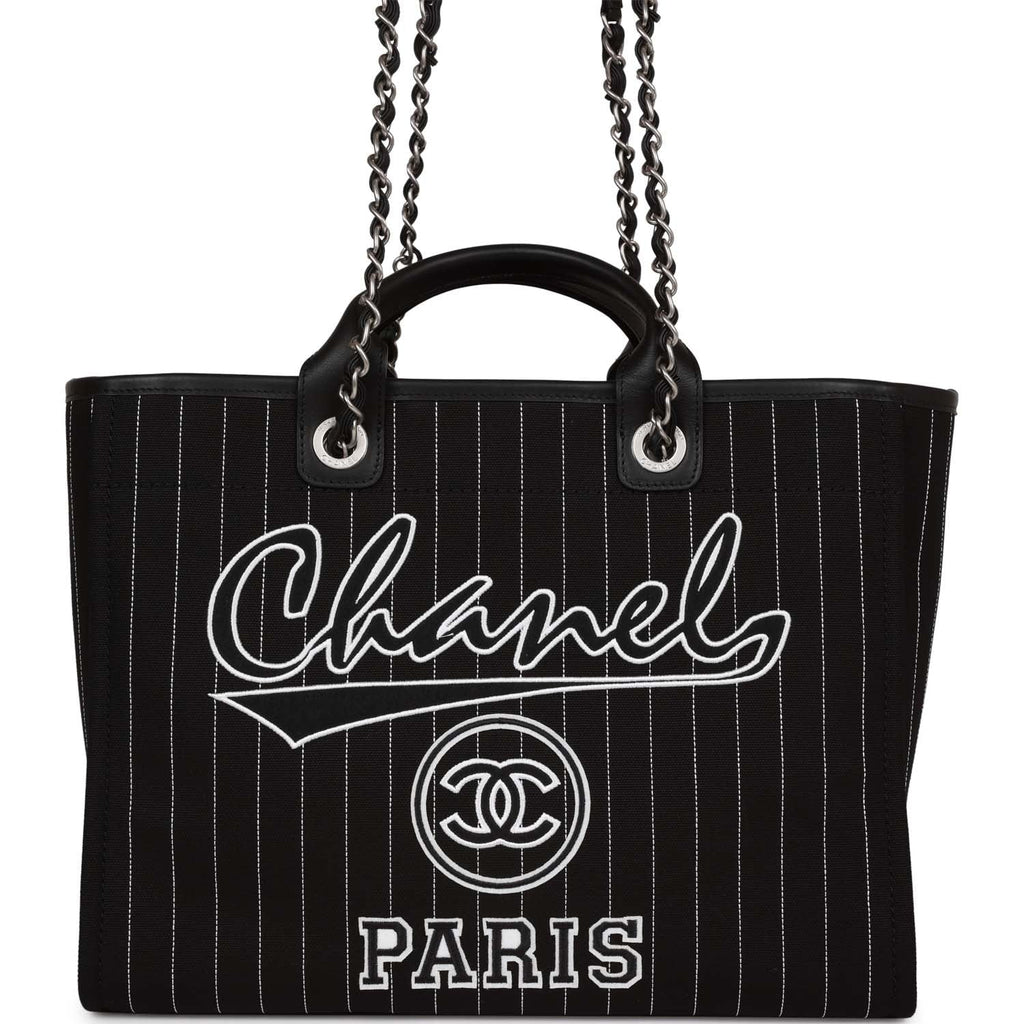 Chanel 23P Deauville White Ecru Black Stripe Large Shopping 30cm Handle  Tote Bag