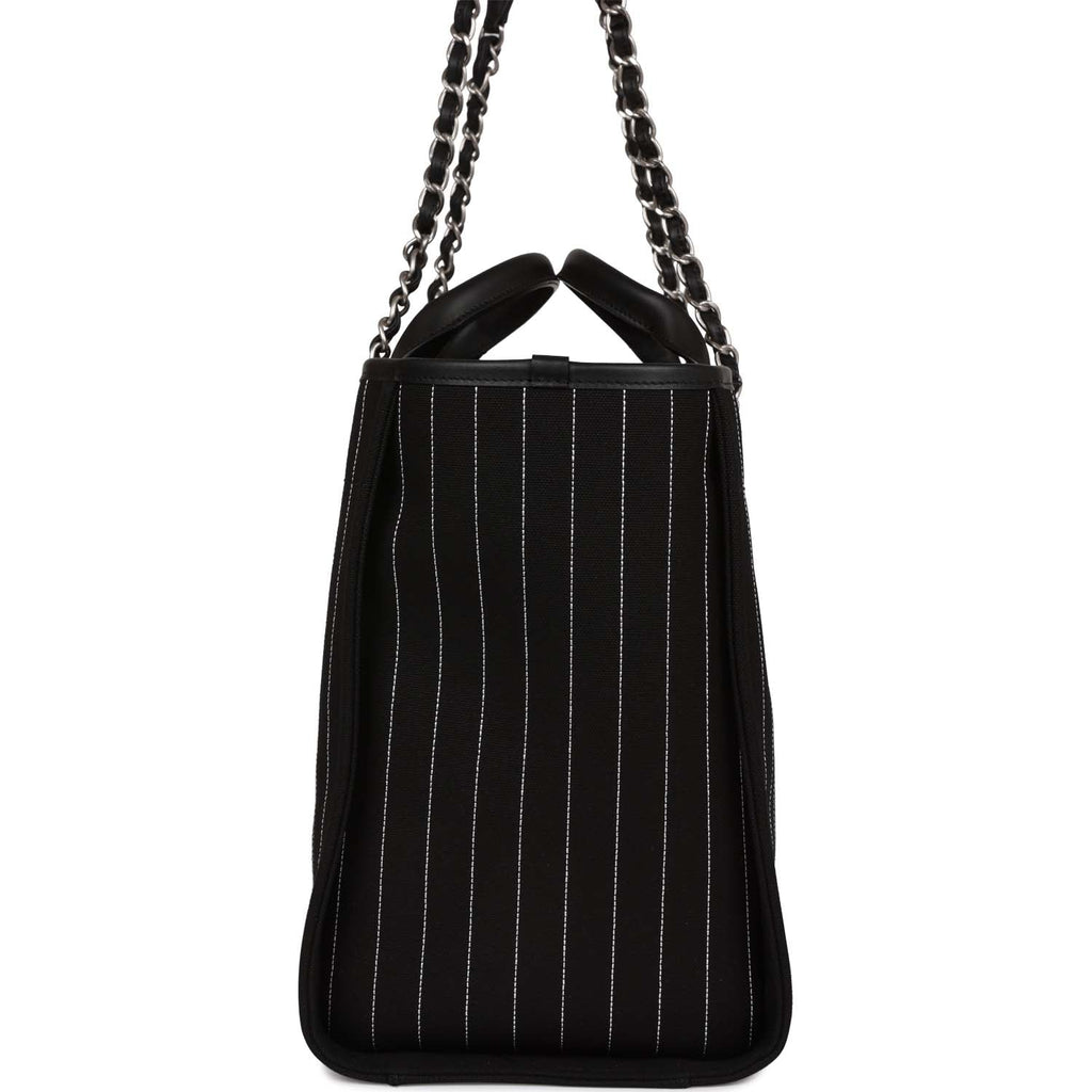 Chanel Large Deauville Shopping Bag Black and White Pinstripe Rutheniu –  Madison Avenue Couture