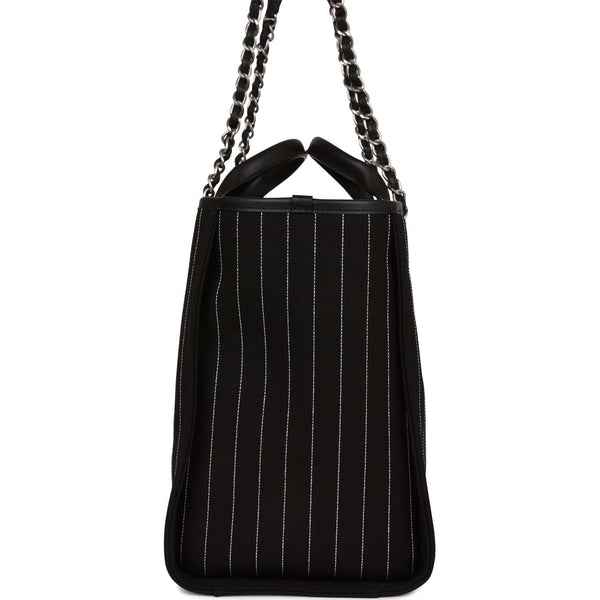Chanel Large Deauville Shopping Bag Black and White Pinstripe Ruthenium  Hardware