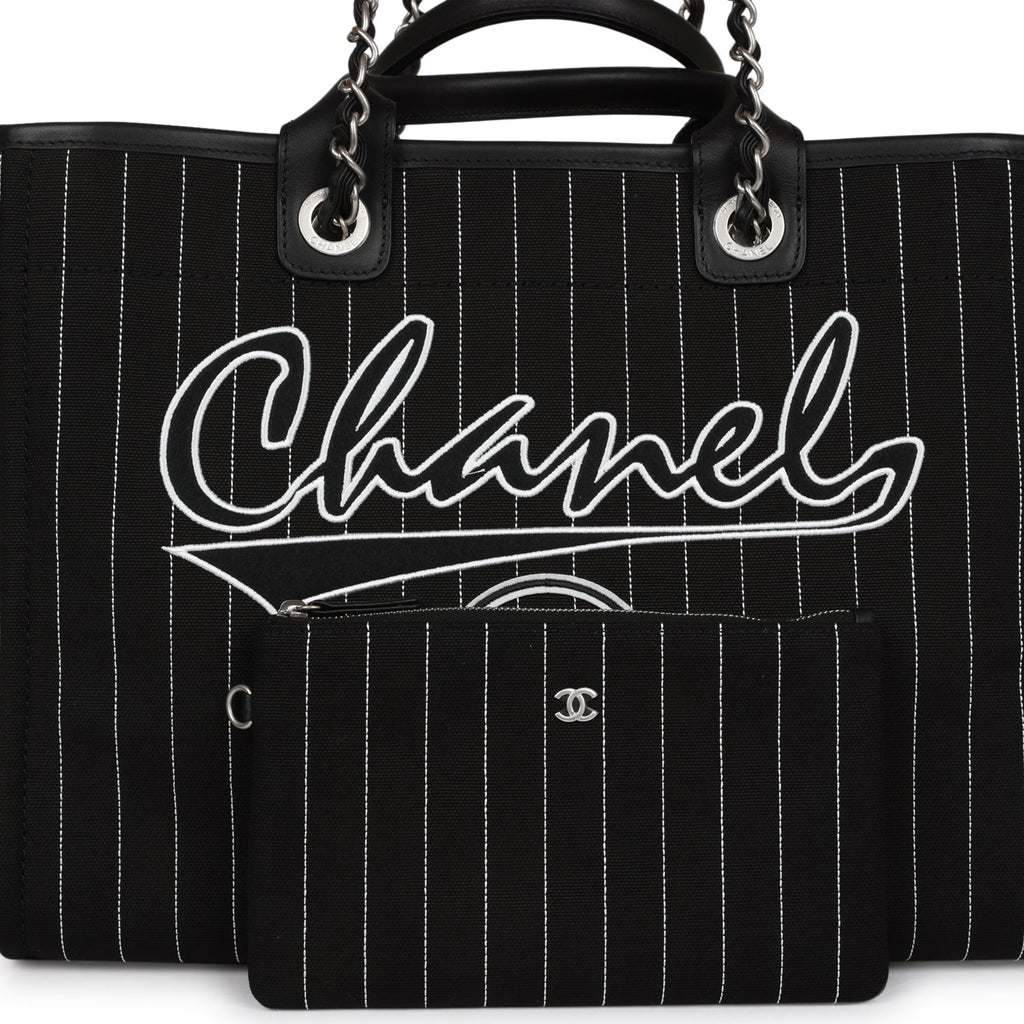 Chanel Large Deauville Shopping Bag Black and White Pinstripe
