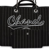 Chanel Large Deauville Shopping Bag Black and White Pinstripe Ruthenium  Hardware