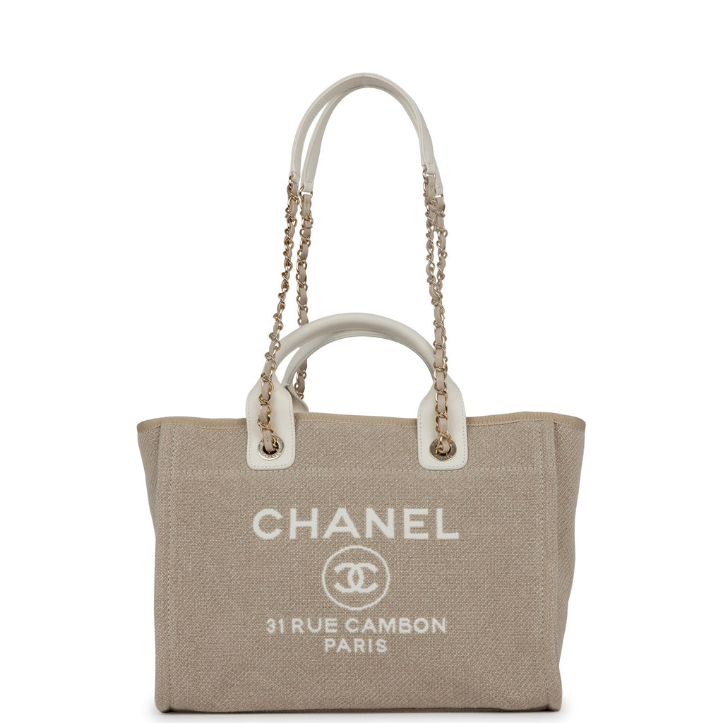 Chanel Small Deauville Shopping Bag White and Beige Boucle Light Gold