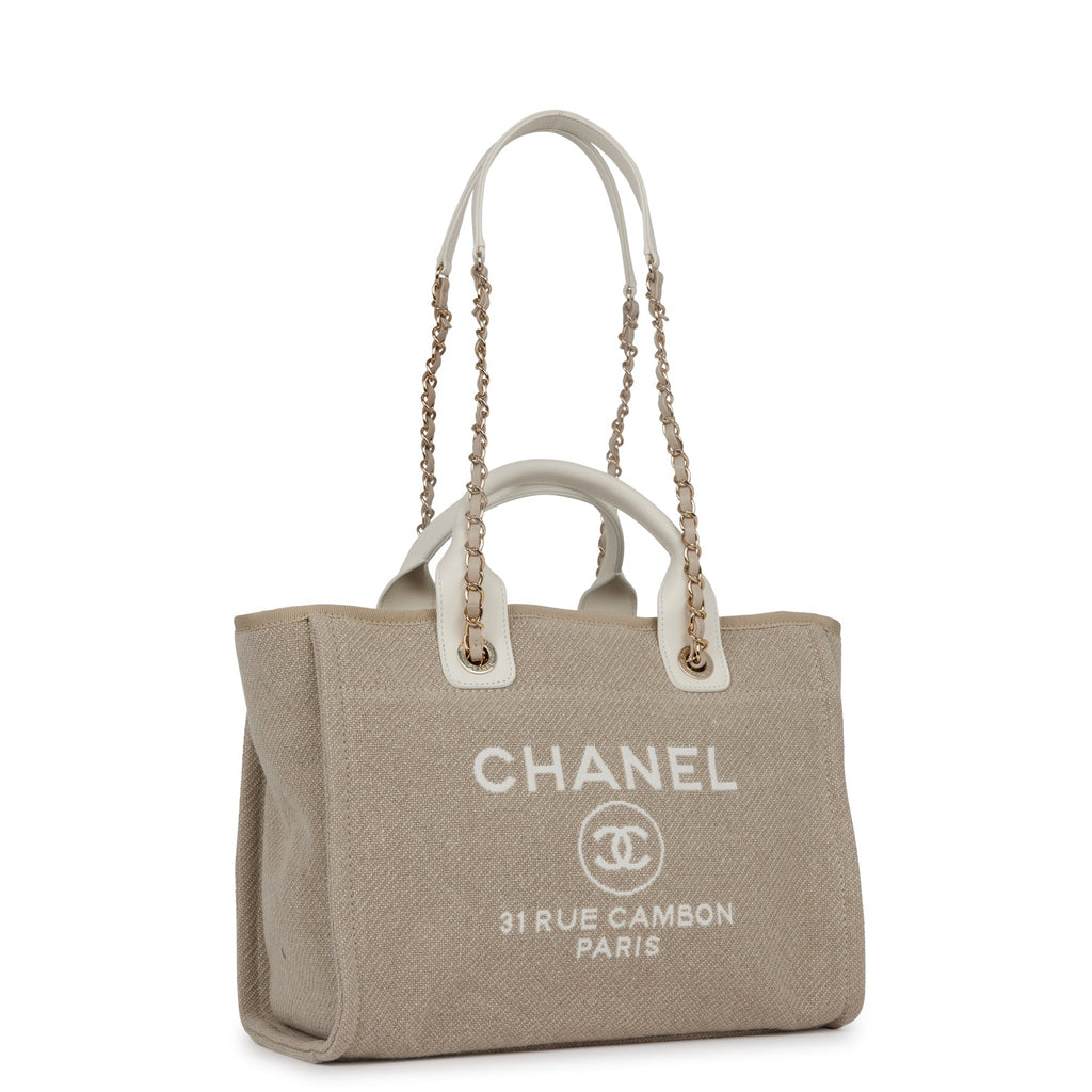 Chanel Small Deauville Shopping Bag White and Beige Boucle Light Gold –  Madison Avenue Couture