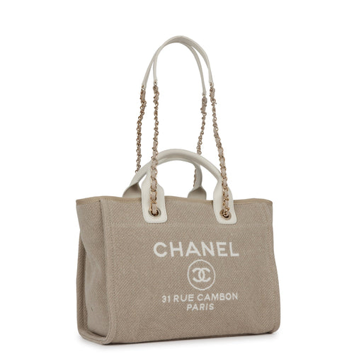 Chanel Small Deauville Shopping Bag White and Beige Boucle Light Gold Hardware