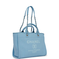 Chanel Small Deauville Shopping Bag Blue Boucle Silver Hardware