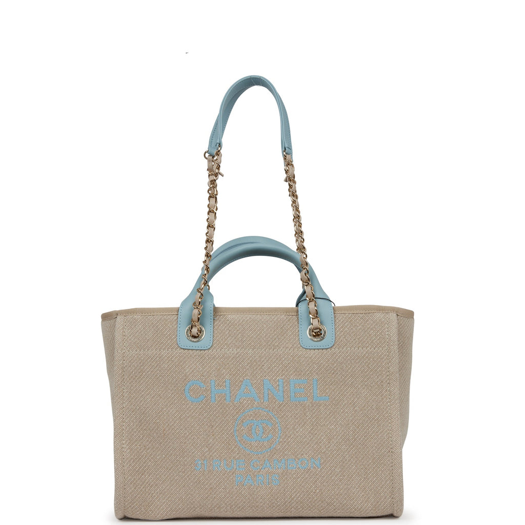 Chanel Small Deauville Shopping Bag Blue and Beige Boucle Light Gold Hardware