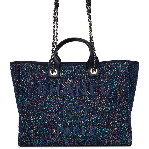 Chanel Large Deauville Shopping Bag Blue Sequin Boucle Silver