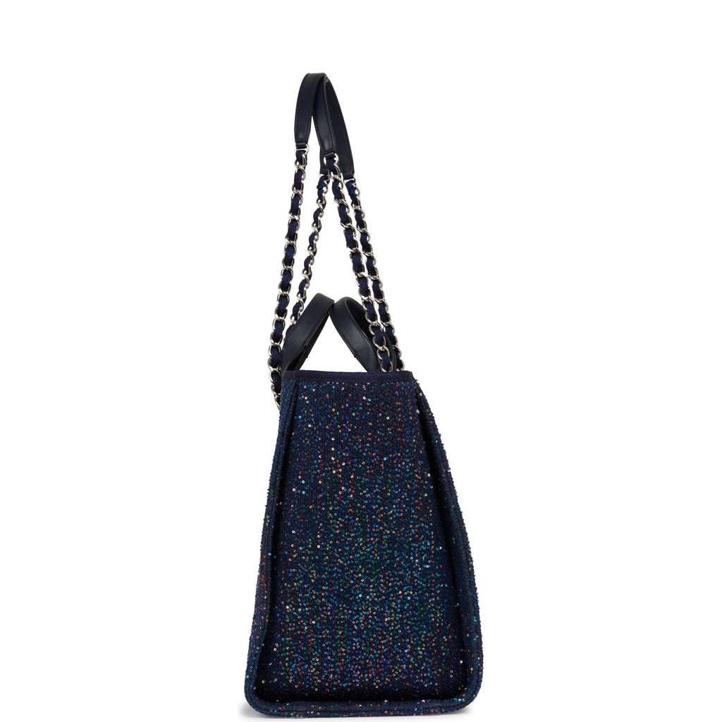 Chanel Large Deauville Shopping Bag Blue Sequin Boucle Silver