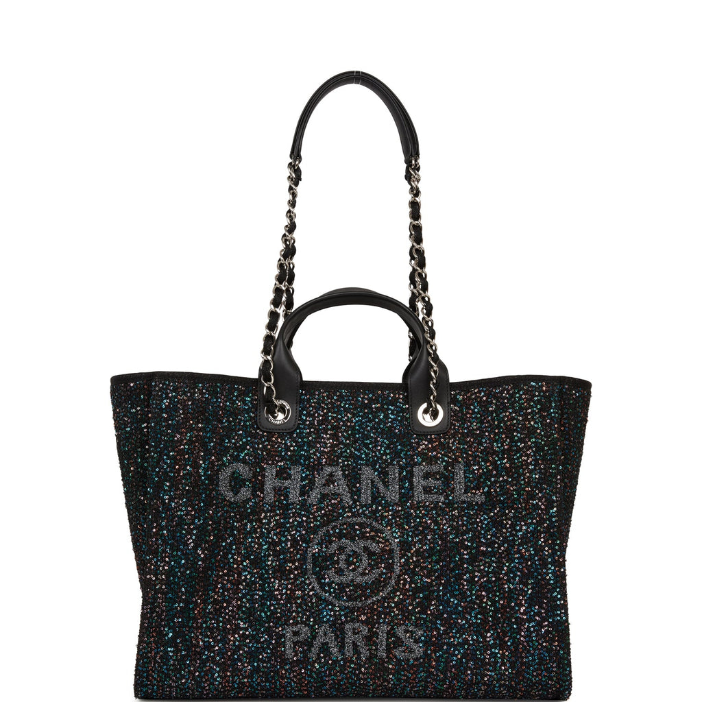 Chanel Large Deauville Shopping Bag Black Sequin Boucle Silver