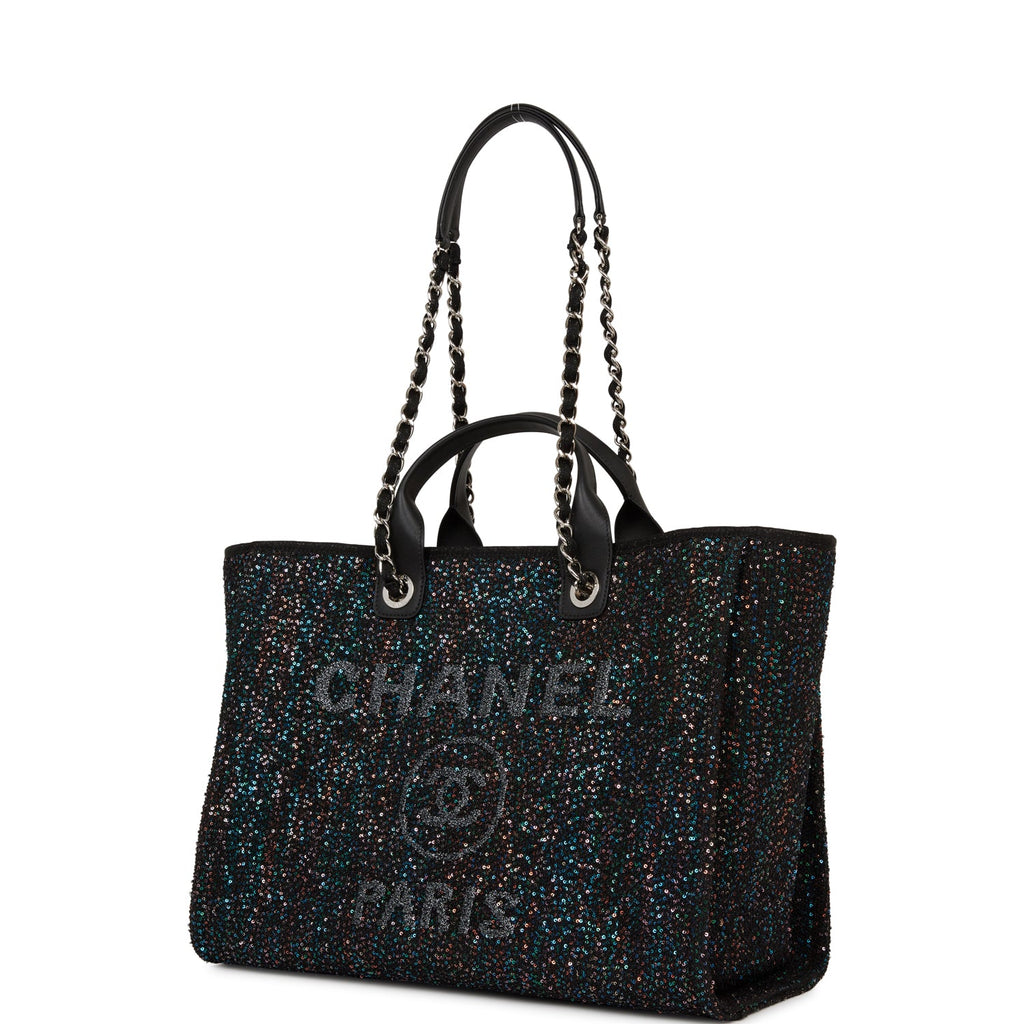Chanel Large Deauville Shopping Bag Black Sequin Boucle Silver Hardwar –  Madison Avenue Couture