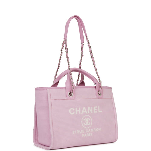 Chanel Small Deauville Shopping Bag Pink Boucle Silver Hardware