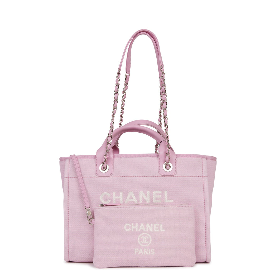 NEW Chanel Small Deauville Shopping Bag Pink Boucle Silver Hardware Tote Bag  For Sale at 1stDibs