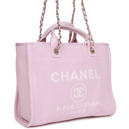 Chanel Small Deauville Shopping Bag Pink Boucle Light Gold Hardware