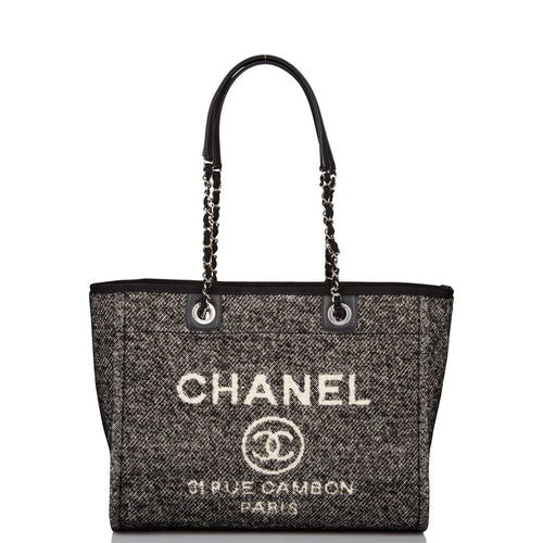 Chanel Small Deauville Shopping Bag Black Wool Silver Hardware