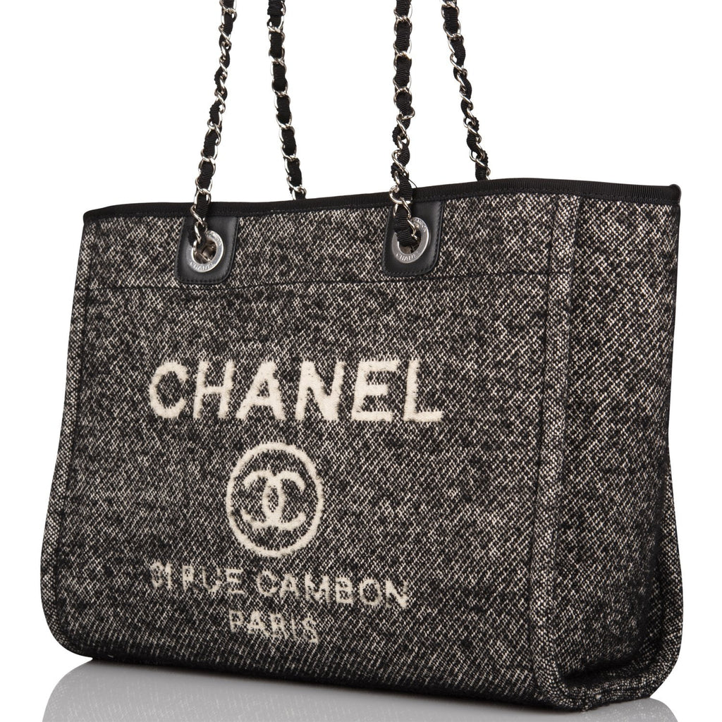 Chanel Small Deauville Shopping Bag Black Wool Silver Hardware
