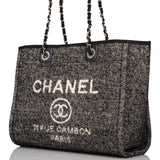 Chanel Small Deauville Shopping Bag Black Wool Silver Hardware