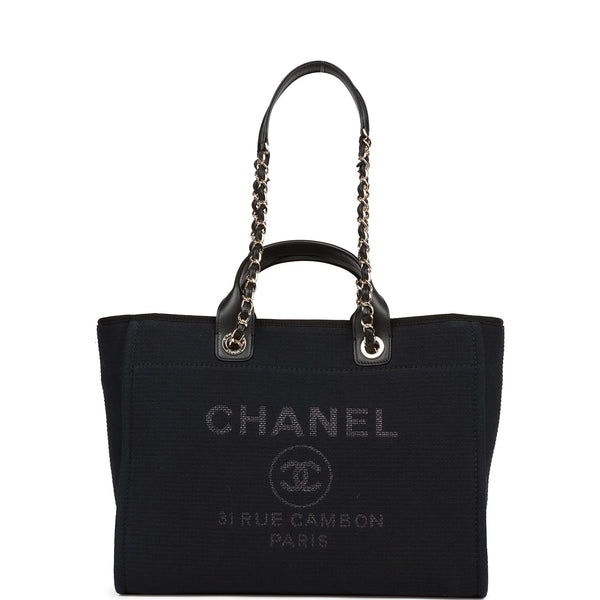 Chanel Large Deauville Shopping Bag Black Boucle Light Gold