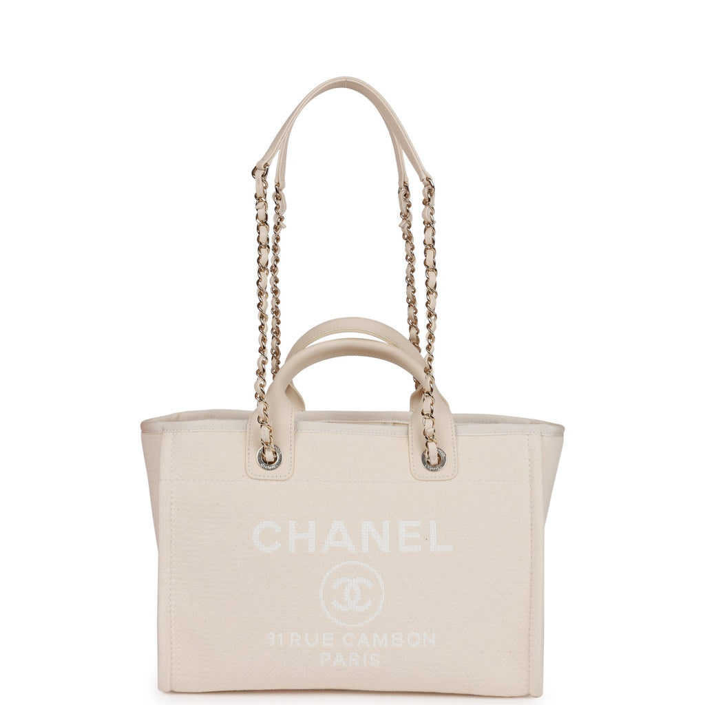 Chanel Small Deauville Shopping Bag Blue and Beige Boucle Light Gold Hardware Beige Madison Avenue Couture