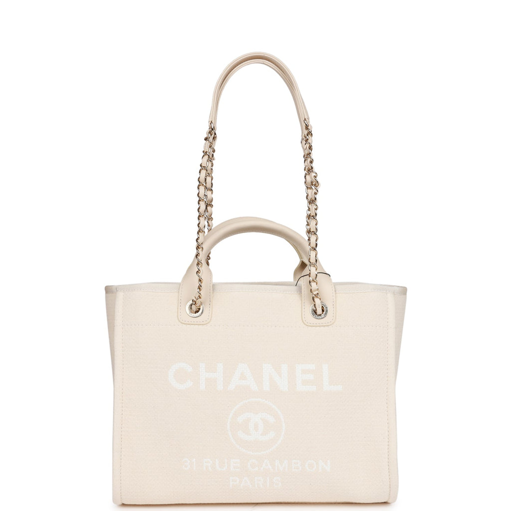 Chanel Large Deauville Shopping Bag White Boucle Light Gold Hardware