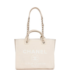 Chanel Large Deauville Shopping Bag White Boucle Light Gold Hardware