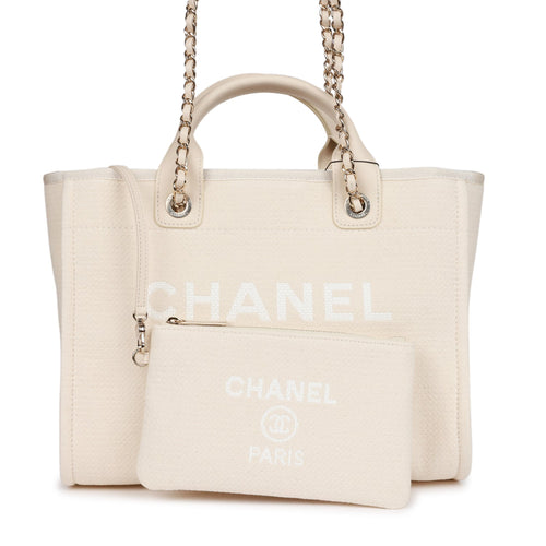 Chanel Large Deauville Shopping Bag White Boucle Light Gold Hardware