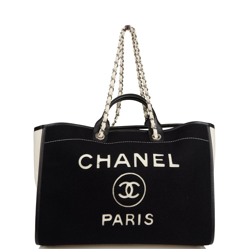 Chanel Large Deauville Shopping Bag Black and White Wool Silver Hardware
