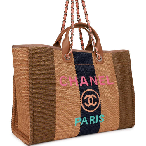 Chanel Large Deauville Shopping Bag Multicolor Viscose Light Gold Hardware