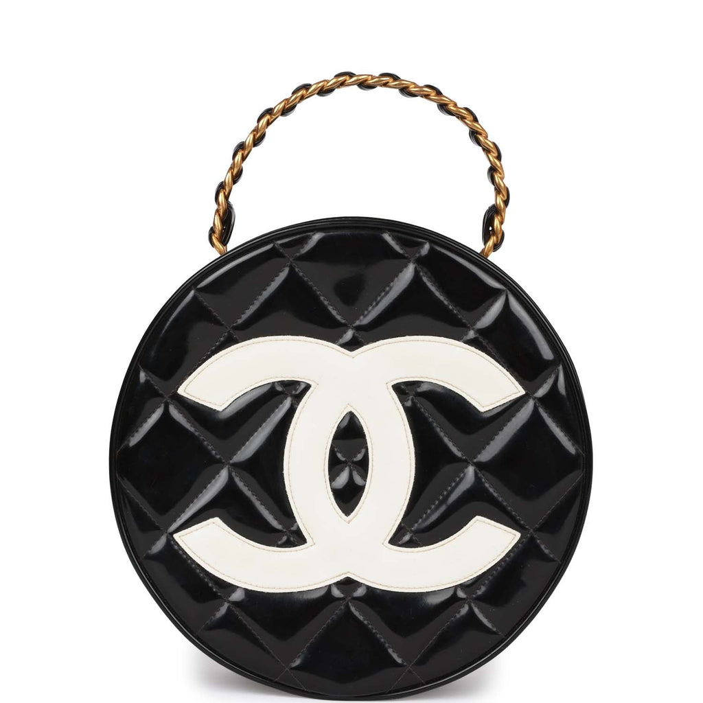 Vintage Chanel Round Vanity Bag Black and White Patent Leather Antique Gold  Hardware