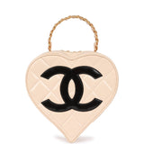 Vintage Chanel Heart Vanity Bag Beige and Black Patent Antique Gold Hardware