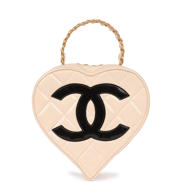 Vintage Chanel Heart Vanity Bag Beige and Black Patent Antique