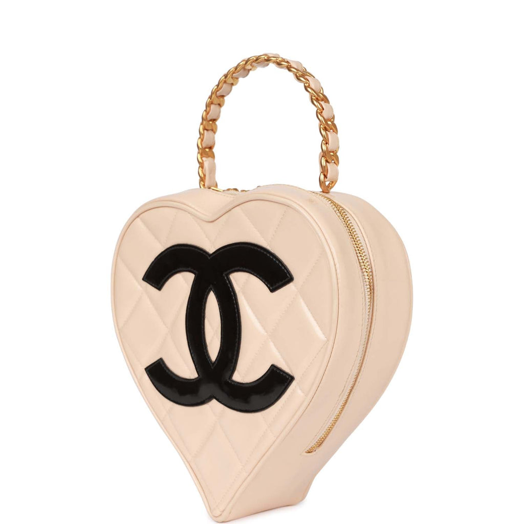 Vintage Chanel Heart Vanity Bag Beige and Black Patent Antique Gold Ha