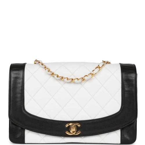 Vintage Chanel Medium Diana Flap Bag White and Black Lambskin Gold Hardware