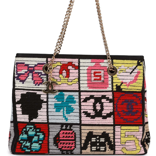 Vintage Chanel Precious Symbols Needle Point Tote Multicolor Wool Gold Hardware